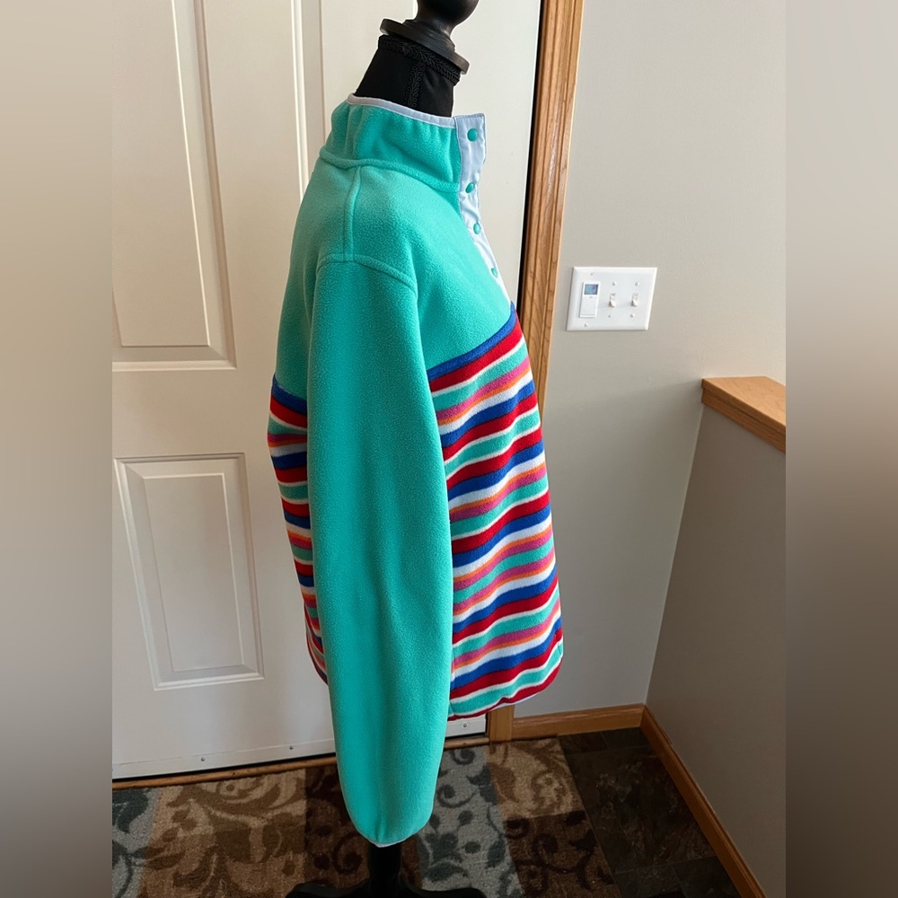 Women’s Lands’ End Heritage fleece pull over snap green striped jacket. Medium - Picture 3 of 16